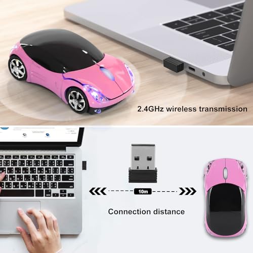 ASHATA 2.4G Car Mouse with USB Reciver 1600DPI Optical Mouse for PC Computer Laptop Tablet, High Cute Mouse for XP//Win7/ME/2000/for OS (Pink) - Image 2