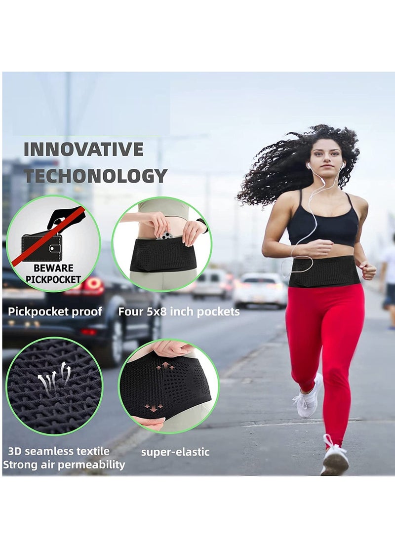 Excefore - Running Belt, Running Funny Pack for Phone, Moisture Wicking Storage Belt Bag for Walking Travel Sports Hiking Workout Women Men 4 Large Security Pockets - Image 1