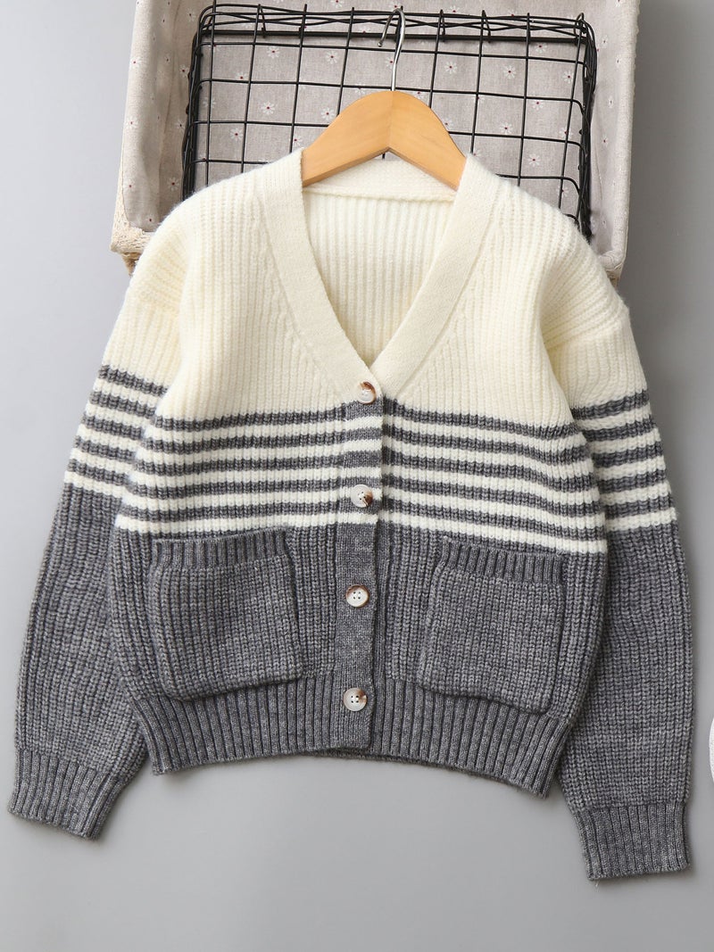 0326 Striped Color Block Cashmere Boys' Sweater Cardigan For Older Children, Children'S Sweater Children'S Clothing - Image 3