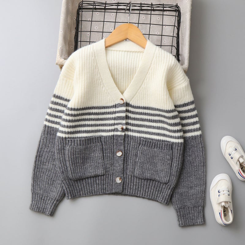 0326 Striped Color Block Cashmere Boys' Sweater Cardigan For Older Children, Children'S Sweater Children'S Clothing - Image 1