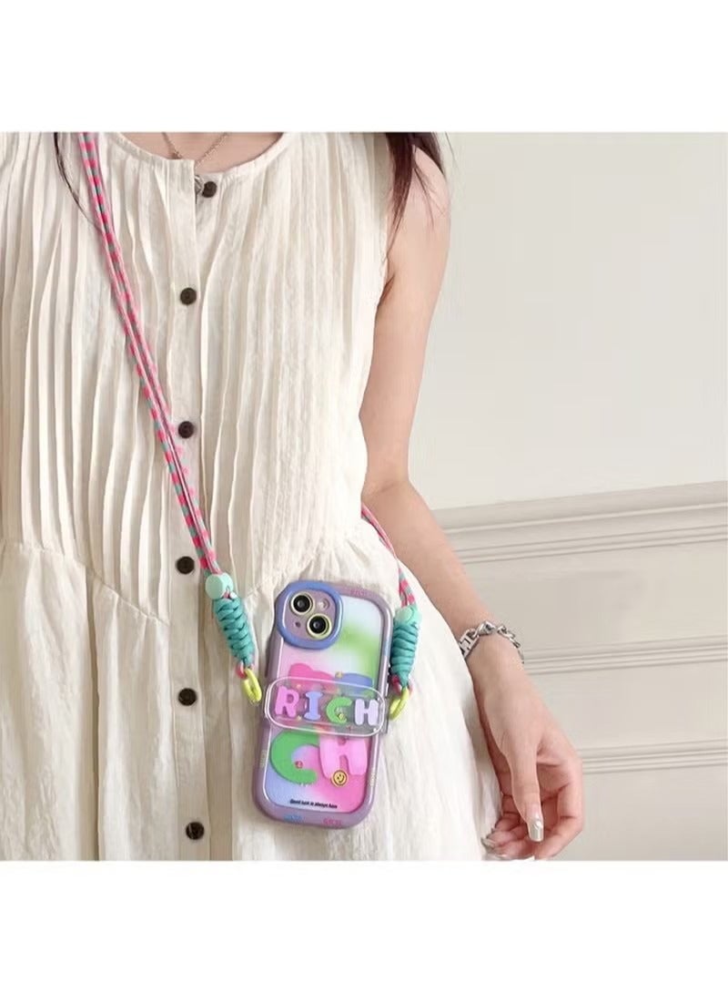iPhone 14 Plus Case Cover Lovely Halo Dyed Pink Green RICH with Adjustable Strap Chain Crossbody Lanyard for Women Girly, Soft TPU Full Protective Protector Accessories Back Cover for iPhone 14 Plus - Image 2