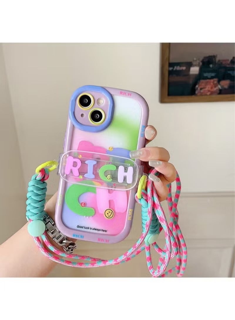 iPhone 14 Plus Case Cover Lovely Halo Dyed Pink Green RICH with Adjustable Strap Chain Crossbody Lanyard for Women Girly, Soft TPU Full Protective Protector Accessories Back Cover for iPhone 14 Plus - Image 4