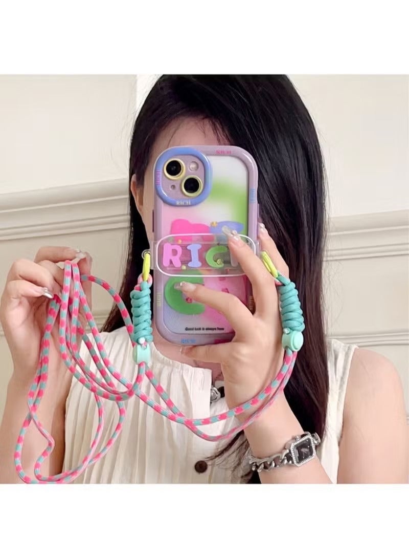 iPhone 14 Plus Case Cover Lovely Halo Dyed Pink Green RICH with Adjustable Strap Chain Crossbody Lanyard for Women Girly, Soft TPU Full Protective Protector Accessories Back Cover for iPhone 14 Plus - Image 5