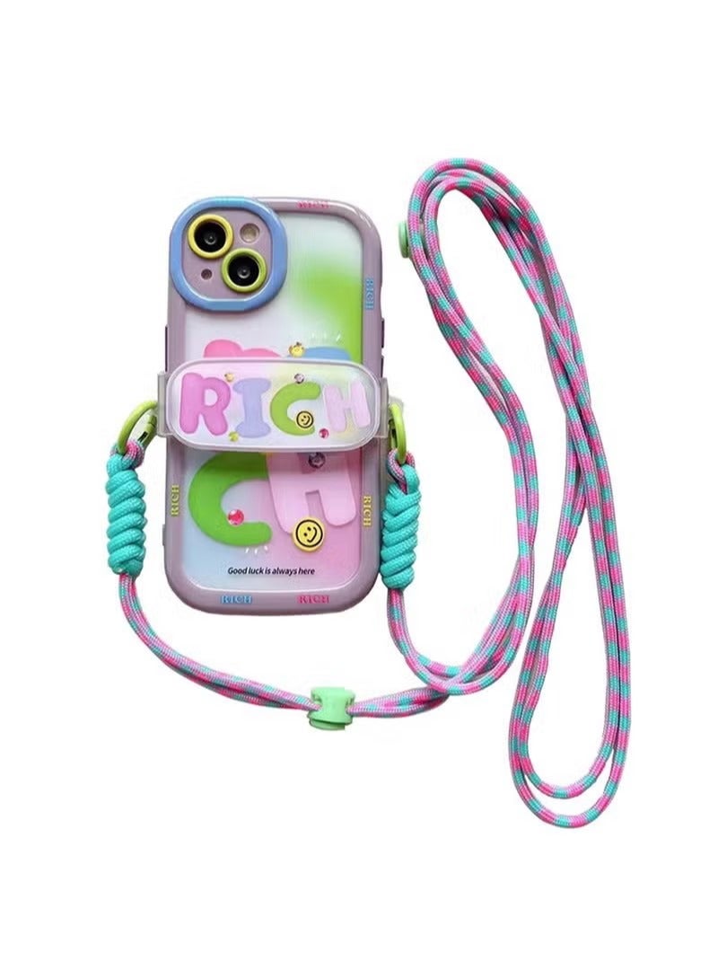 iPhone 14 Plus Case Cover Lovely Halo Dyed Pink Green RICH with Adjustable Strap Chain Crossbody Lanyard for Women Girly, Soft TPU Full Protective Protector Accessories Back Cover for iPhone 14 Plus - Image 1
