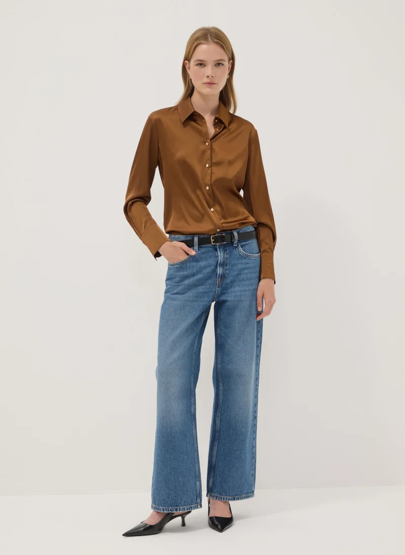 او في اس OVS Brown stretch-fabric shirt with classic collar