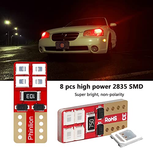 PHINLION Miniature T10 168 194 Red LED Bulbs, Super Bright 8-SMD Wedge 12961 2825 Automobile Lights for Car Interior Dome Map Door Courtesy License Plate Tail Lights, Pack of 4 - Image 2
