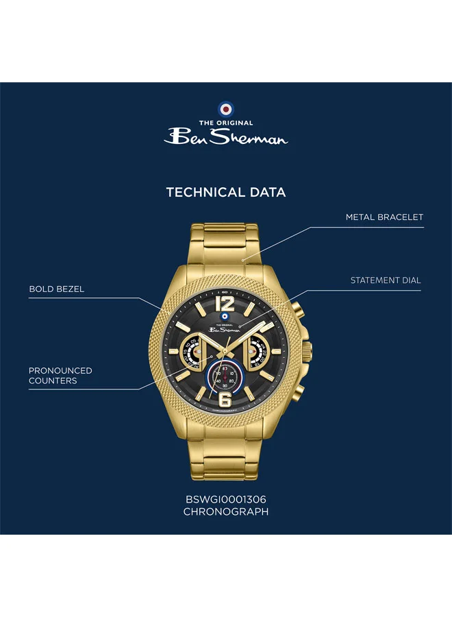 Ben Sherman Gold Manchester  Gold Dial Gold Stainless Steel Bracelet Chronograph Watch for Men, 43mm for Men | Best Price UAE