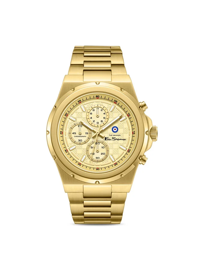بين شيرمان Manchester  Gold Dial Gold Stainless Steel Bracelet Chronograph Watch for Men, 43mm