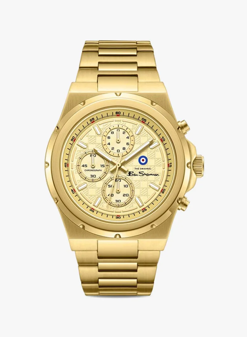 بين شيرمان Manchester  Gold Dial Gold Stainless Steel Bracelet Chronograph Watch for Men, 43mm