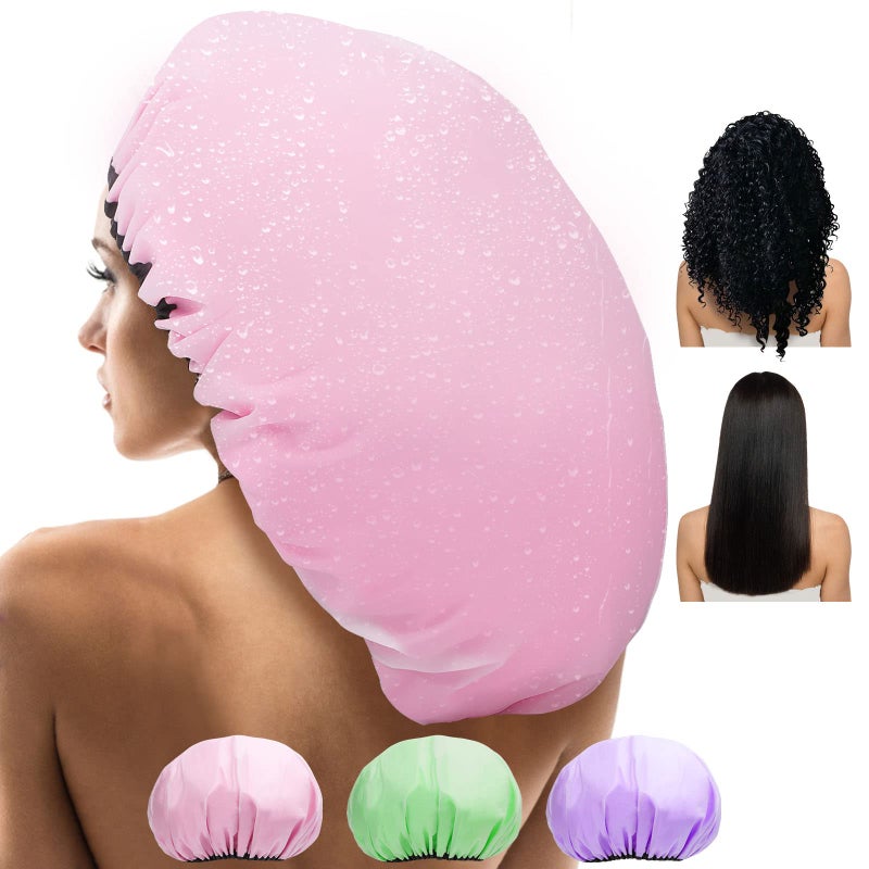 SHEOMERN 3 Pcs 15 Super Jumbo Shower Cap Reusable Dual Waterproof Silk Satin Lined XL Adjustable for Women Long Hair Braids Dreadlocks Pink Purple Green