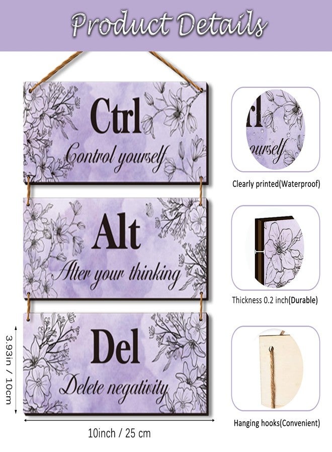 ZINYAZHE 3 Pieces Purple Wall Decor Purple Bathroom Decor Farmhouse Wooden Wall Art Inspirational Office Wall Decor with Positive Quotes Ctrl Alt Del for Girl Women Purple Room Bedroom Living Room (purple) - Image 3