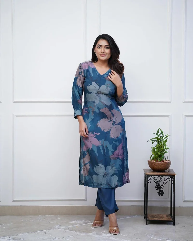 GoSriKi  GoSriKi Women's Rayon Blend Straight Printed Kurta with Pant (KITIMAT CEROSIN-GS_4XL_Blue_XXXX-Large) for Women | Best Price UAE