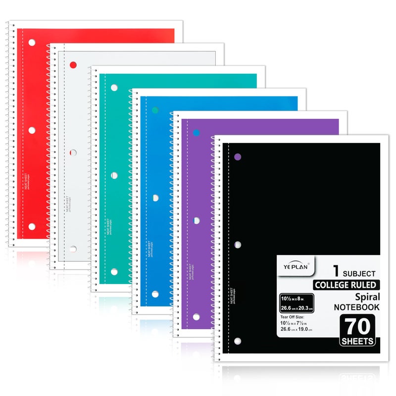 Yeplan Spiral Notebooks 6 Pack, College Ruled Notebook Paper, 1 Subject Notebook for School & Work, 8" x 10-1/2", 70 Sheets per Notebook, 6 Assorted Colors - Image 1