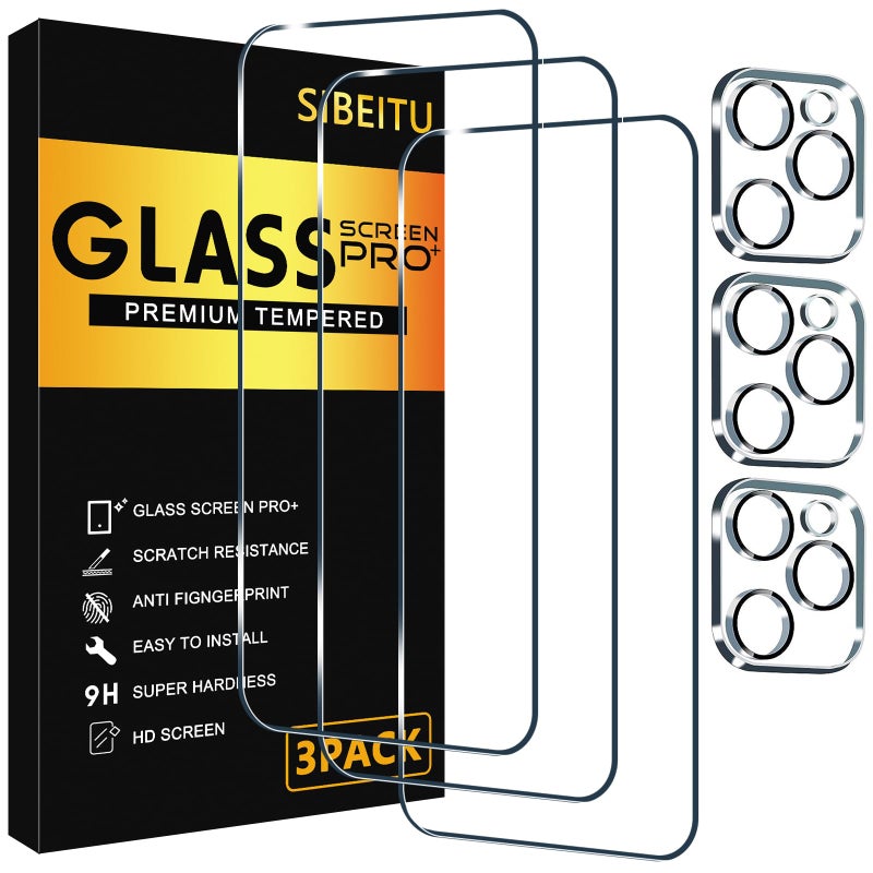 SIBEITU 3 Pack Screen Protector for iPhone 16 Pro with 3 Pack Camera Lens Protector, 6.3 Inch HD Clear 9H Hardness Tempered Glass Film, Scratch Resistent, Easy Installation, Bubbles Free - Image 1