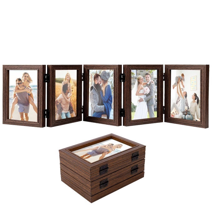 BIGGUN 4X6IN 5 FOLDING ACCORDION PICTURE FRAME FOLDABLE HINGED COLLAGE PHOTO FRAMES FOR TABLETOP DISPLAY MULTIPLE FAMILY PICTURES BIRTHDAY FATHERS DAY GIFTS BROWN