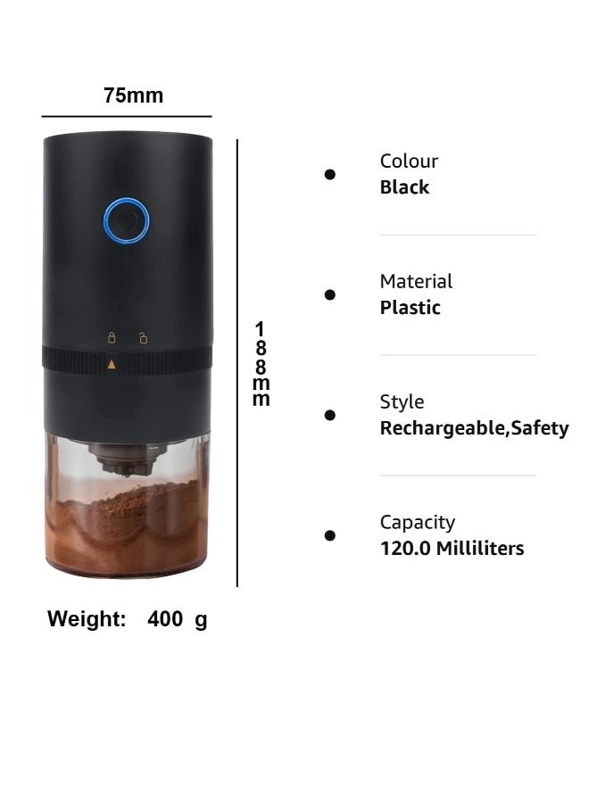 Portable Electric Burr Coffee Grinder, Compact Automatic Conical Burr Grinder Coffee Bean Grinder with Muli Grind Setting, USB Rechargeable Simple Push Button Operation with Brush, Black