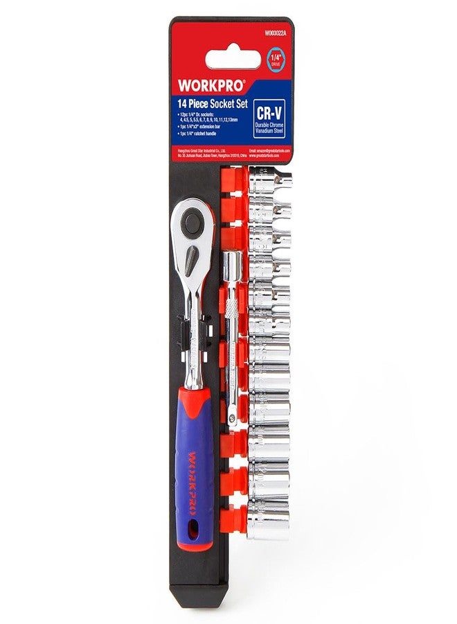 WORKPRO WP202556 | 14Pc 1/4" Drive Socket Set | CR-V Steel Sockets | 4–13mm Metric Sizes | Ratchet Handle & Extension Bar | Polish Chrome Finish | DIY & Professional Use - Image 2