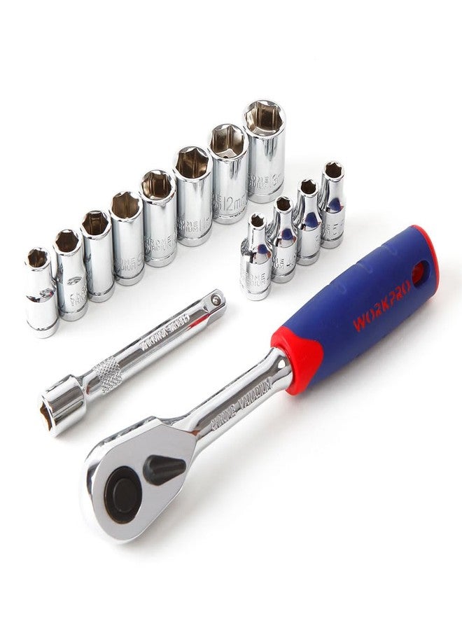 WORKPRO WP202556 | 14Pc 1/4" Drive Socket Set | CR-V Steel Sockets | 4–13mm Metric Sizes | Ratchet Handle & Extension Bar | Polish Chrome Finish | DIY & Professional Use - Image 1