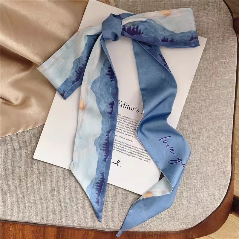 إسكدنيا French Silk Scarf Hair Tie Retro erfly Ribbon Mountain sunrise blue 6*90CM