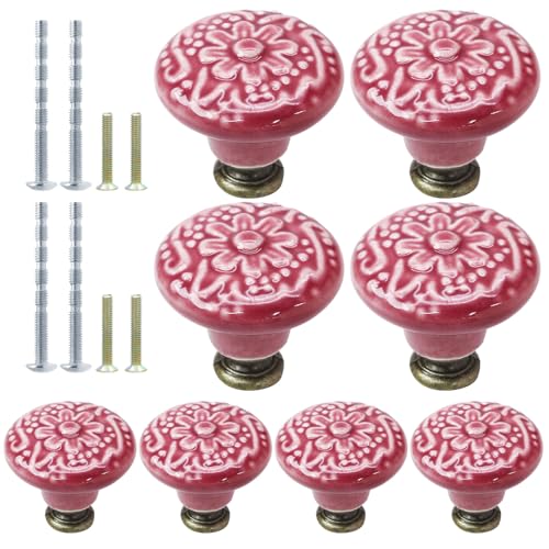 Suiwotin 8pcs Rose Red Ceramic Knobs Vintage Retro Kitchen Dresser Knobs Decorative Drawer Pulls for Closet Cupboard - Image 1