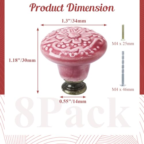 Suiwotin 8pcs Rose Red Ceramic Knobs Vintage Retro Kitchen Dresser Knobs Decorative Drawer Pulls for Closet Cupboard - Image 3