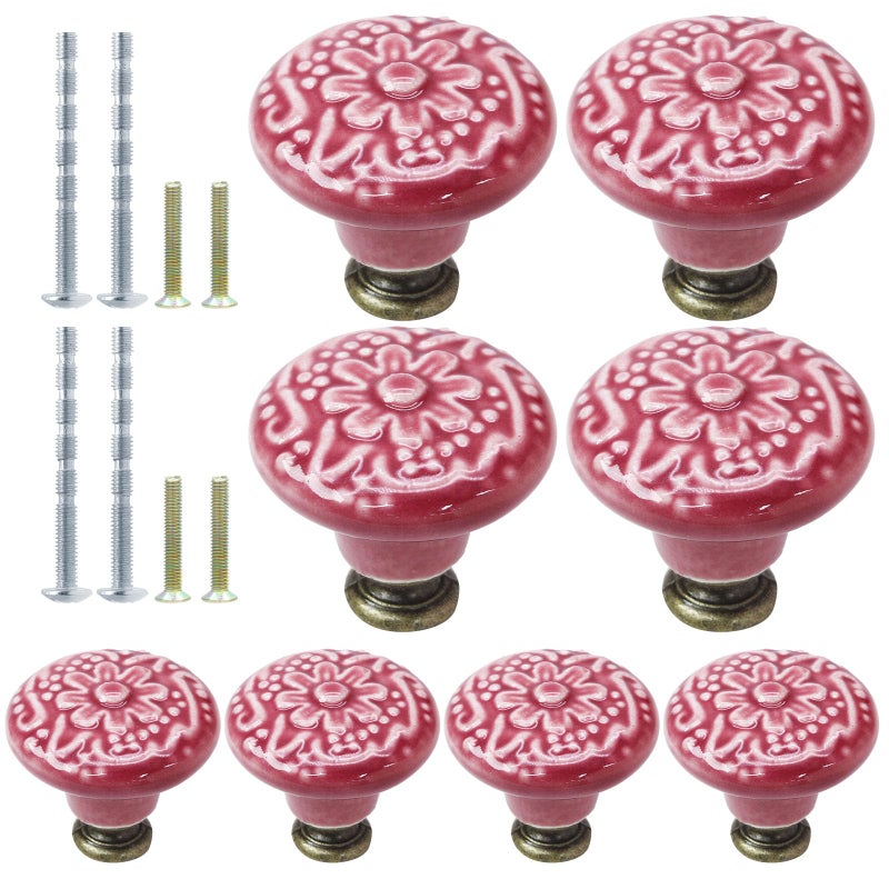 Suiwotin 8pcs Rose Red Ceramic Knobs Vintage Retro Kitchen Dresser Knobs Decorative Drawer Pulls for Closet Cupboard - Image 2