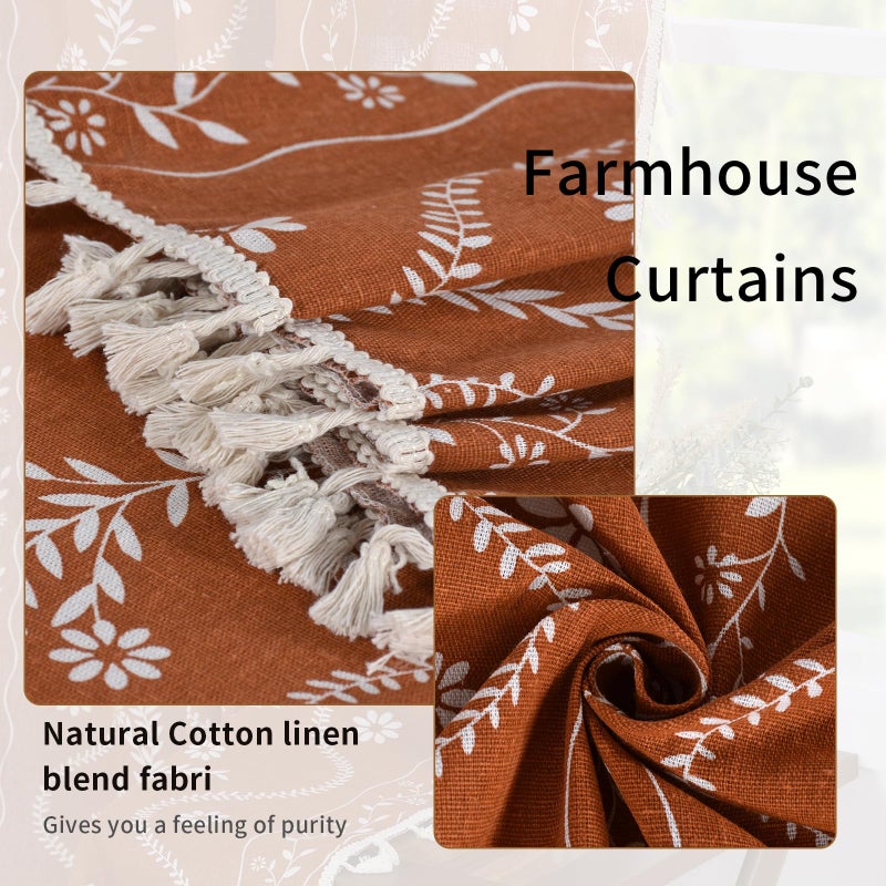 Schweek Terracotta Curtains 84 Inch Length Boho Farmhouse Curtains for Living Room 2 Panels, Linen Semi Sheer Vintage Farmhouse Printed Floral Burnt Orange Rustic Curtain Drapes - Image 5