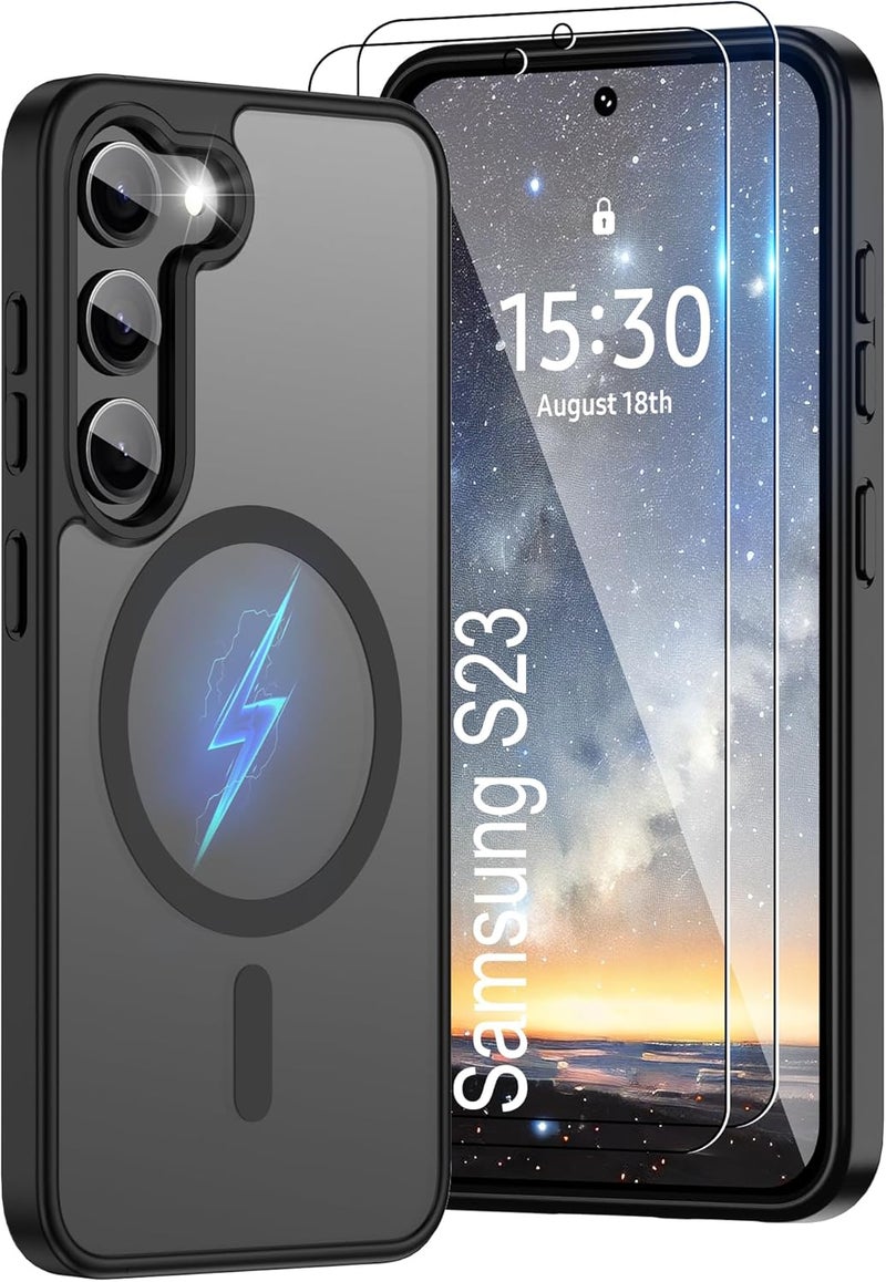 حافظة Pilaru المغناطيسية لهاتف Samsung S23 [متوافقة مع تقنية MagSafe] | 2 طبقة حماية للشاشة | مقاومة للتصفر وبصمات الأصابع، مقاومة للصدمات، نسيج ناعم وشفاف يناسب شكل الهاتف - لون أسود مات - Image 1