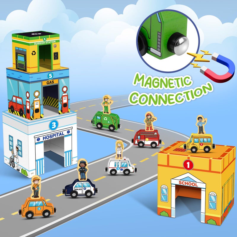 Aizweb Toddler Sorting&Stacking Toys with Magnetic Wooden Vehicle,Cars&Community Helpers,STEM Building Blocks,Educational Learning Montessori Gifts for 1 2 3 Year Old Boys Girls Preschool Kindergarten - Image 3