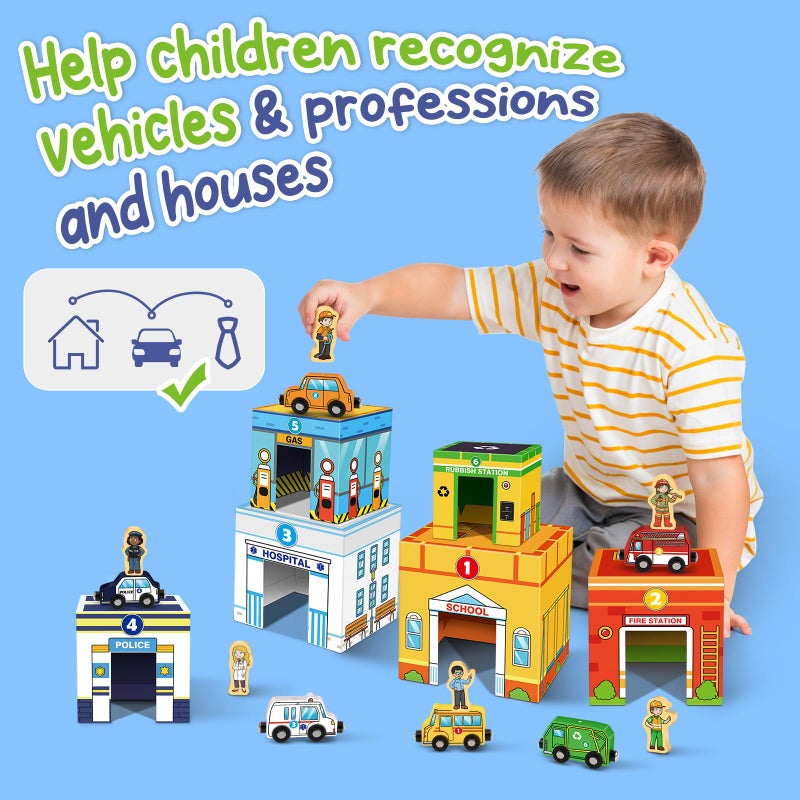 Aizweb Toddler Sorting&Stacking Toys with Magnetic Wooden Vehicle,Cars&Community Helpers,STEM Building Blocks,Educational Learning Montessori Gifts for 1 2 3 Year Old Boys Girls Preschool Kindergarten - Image 5