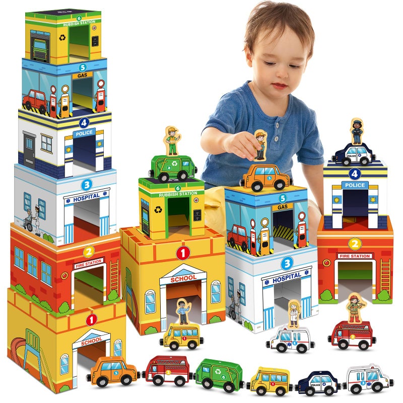 Aizweb Toddler Sorting&Stacking Toys with Magnetic Wooden Vehicle,Cars&Community Helpers,STEM Building Blocks,Educational Learning Montessori Gifts for 1 2 3 Year Old Boys Girls Preschool Kindergarten - Image 1