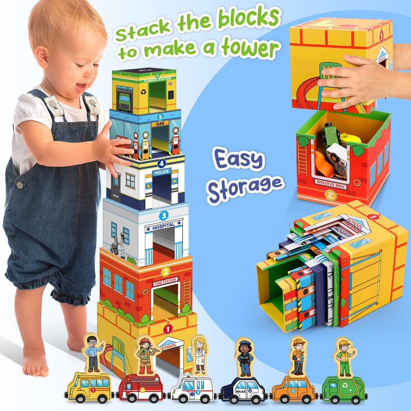 Aizweb Toddler Sorting&Stacking Toys with Magnetic Wooden Vehicle,Cars&Community Helpers,STEM Building Blocks,Educational Learning Montessori Gifts for 1 2 3 Year Old Boys Girls Preschool Kindergarten - Image 2