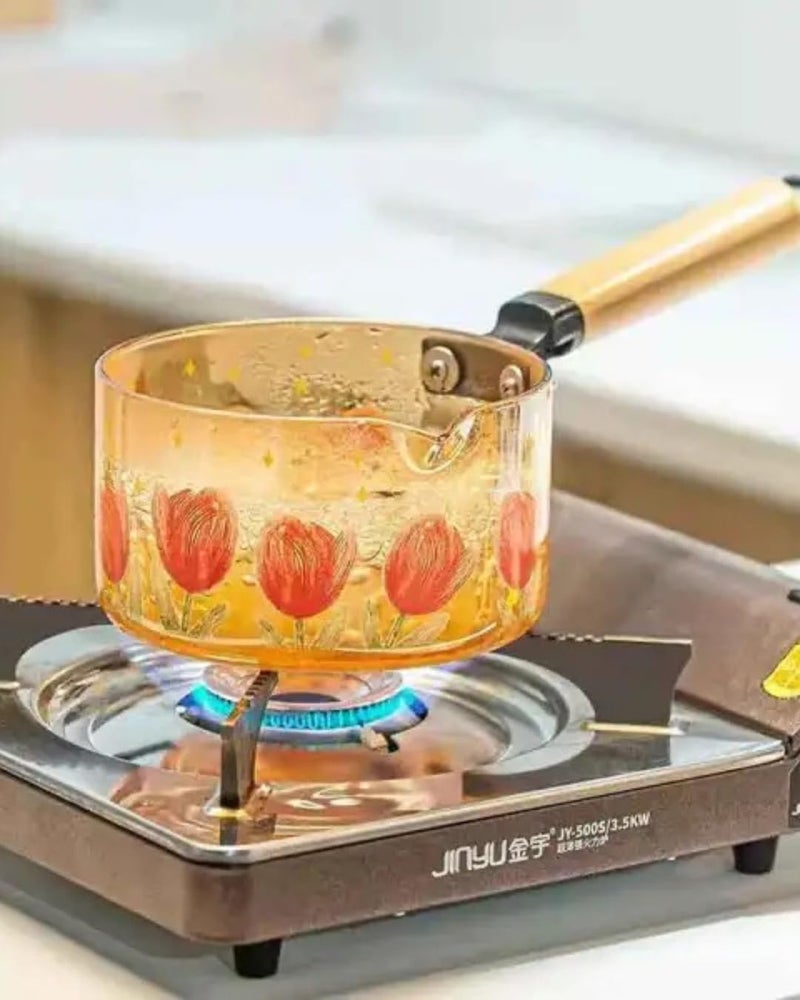 Heat Resistant Glass Saucepan with Lid and Wooden Handle 1.8 Liter - Image 1