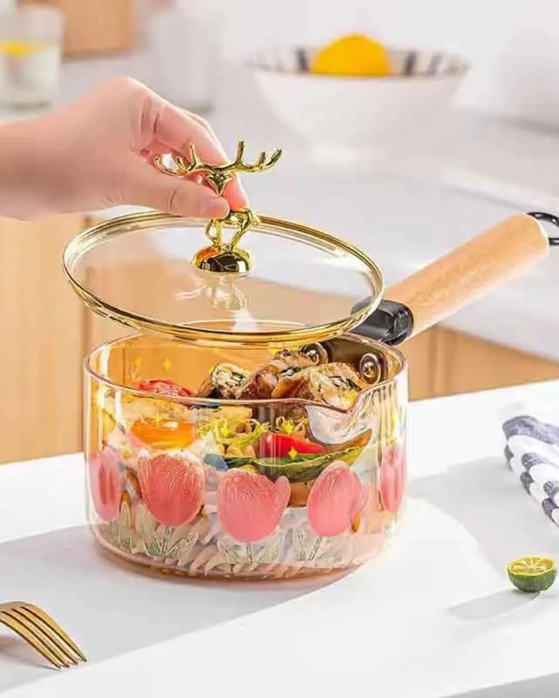 Heat Resistant Glass Saucepan with Lid and Wooden Handle 1.8 Liter - Image 3