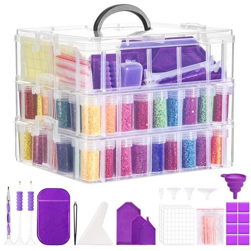 QUEFE 3Tier Diamond Painting Storage Container 100 Slots Clear Stackable Bead Organzier with Diamond Painting Accessories and Tools for DIY Diamond Art Craft Jewelry Bead Storage