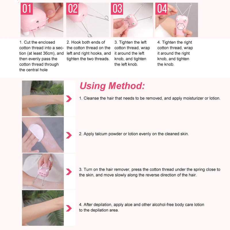 klarako Threading Hair Removal, Face Threading Hair Removal Electric Cotton Thread Epilator Body Hair Remover Threading Device Physical Removal Tool Eyebrow Threading Thread(Pink) - Image 3