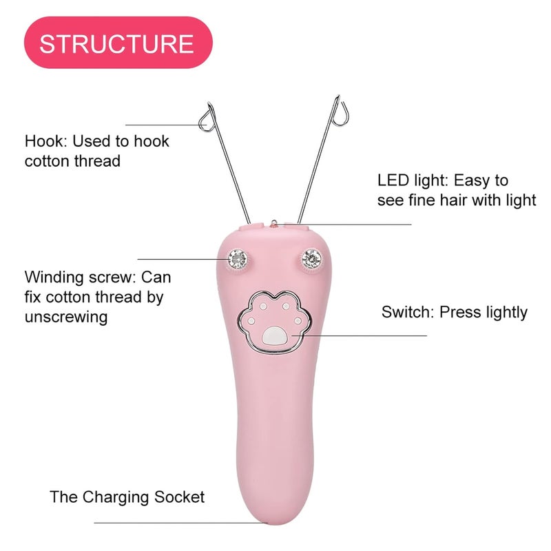 klarako Threading Hair Removal, Face Threading Hair Removal Electric Cotton Thread Epilator Body Hair Remover Threading Device Physical Removal Tool Eyebrow Threading Thread(Pink) - Image 4