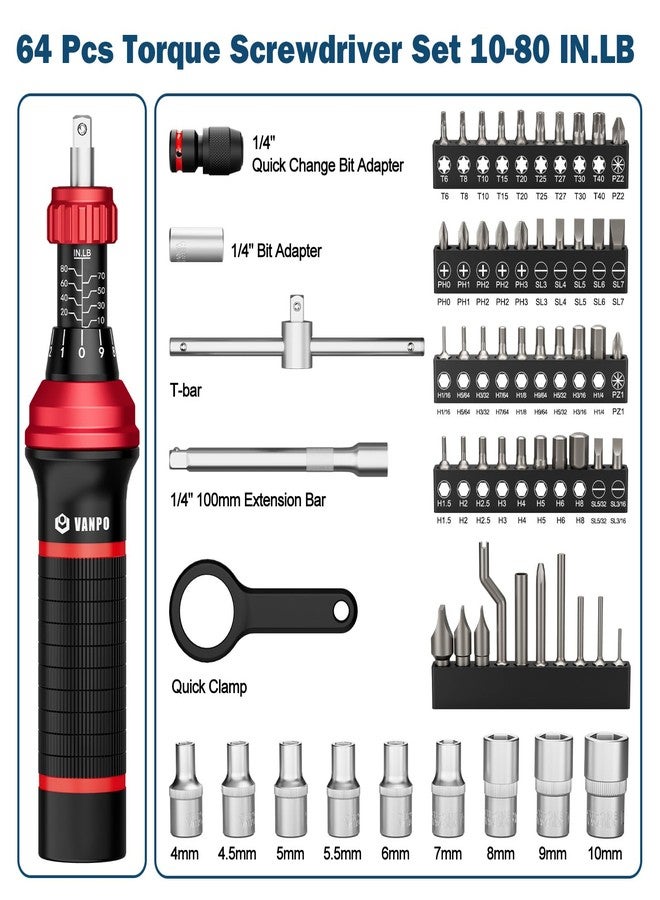 VANPO 1/4" Torque Screwdriver Set, 64 Pieces 10-80 in-lb Inch Pound Torque Wrench Screwdriver Kit with T-Bar & S2 Bits - Precision Tool for Optics, Electronics, Smart Locks & DIY Repair - Image 2