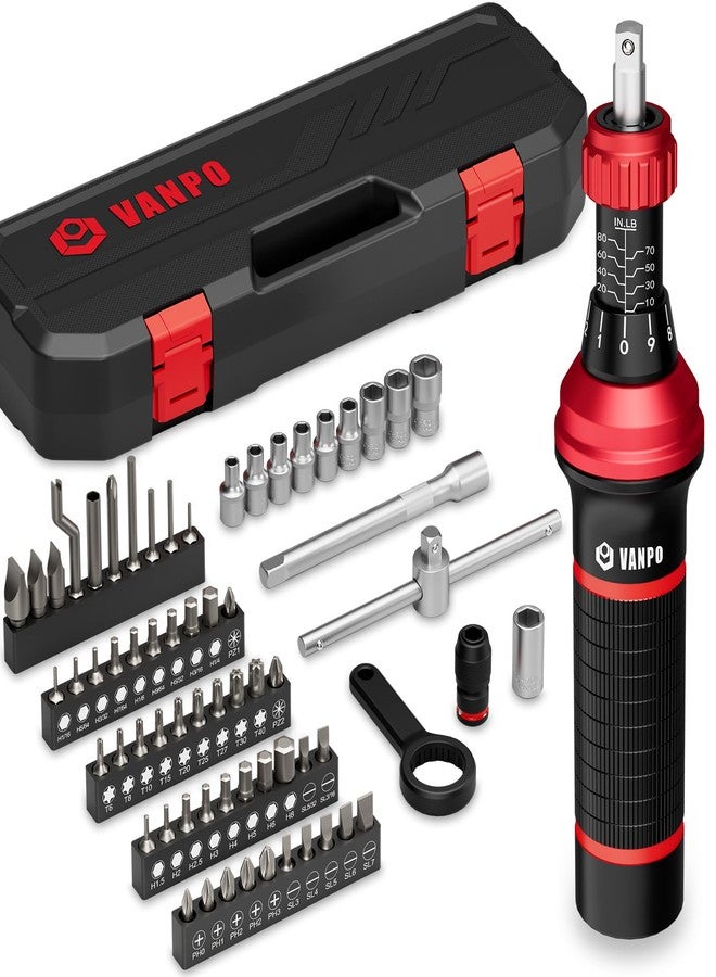 VANPO 1/4" Torque Screwdriver Set, 64 Pieces 10-80 in-lb Inch Pound Torque Wrench Screwdriver Kit with T-Bar & S2 Bits - Precision Tool for Optics, Electronics, Smart Locks & DIY Repair - Image 1