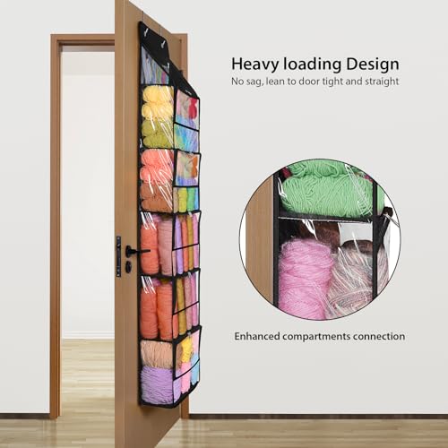 KEEGH Hanging Yarn Storage Organizer with 6 Zipper Closure Compartments Large Capacity Crochet Storage Organizer Over the Door Yarn Holder for Knitting Needles Crochet Hooks Clear Black - Image 3