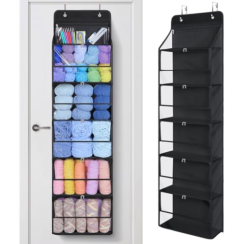 KEEGH Hanging Yarn Storage Organizer with 6 Zipper Closure Compartments Large Capacity Crochet Storage Organizer Over the Door Yarn Holder for Knitting Needles Crochet Hooks Clear Black - Image 1