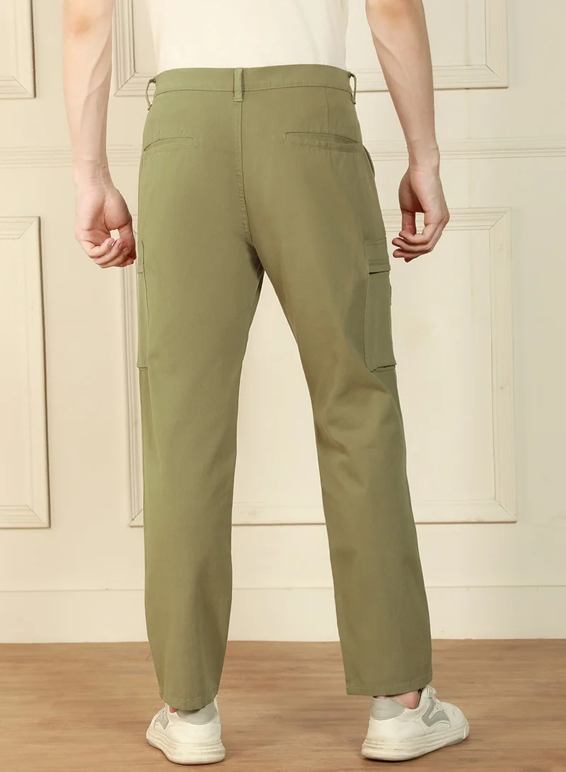 Dennis Lingo Straight Fit Light Olive Men's Cotton Lycra Solid Cargo Trouser, Mid Rise, Full Length, Casual