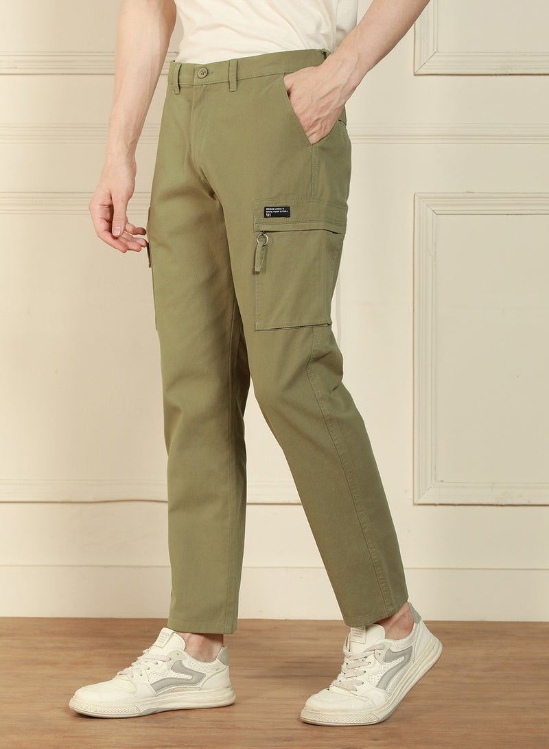 Dennis Lingo Straight Fit Light Olive Men's Cotton Lycra Solid Cargo Trouser, Mid Rise, Full Length, Casual  - Image 3