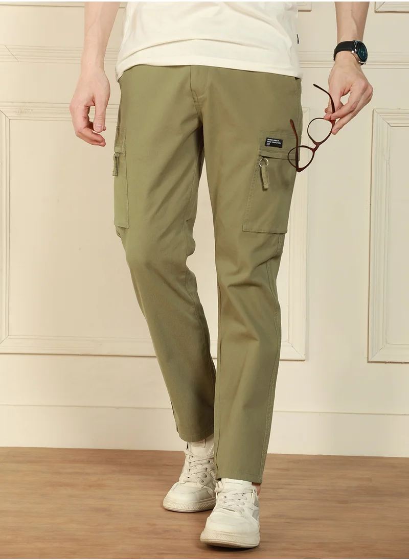 Dennis Lingo Straight Fit Light Olive Men's Cotton Lycra Solid Cargo Trouser, Mid Rise, Full Length, Casual