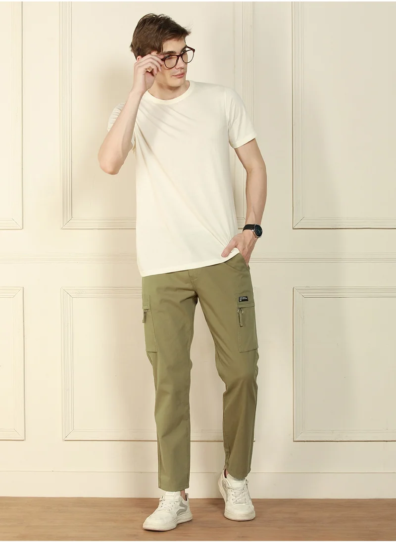 Dennis Lingo Straight Fit Light Olive Men's Cotton Lycra Solid Cargo Trouser, Mid Rise, Full Length, Casual