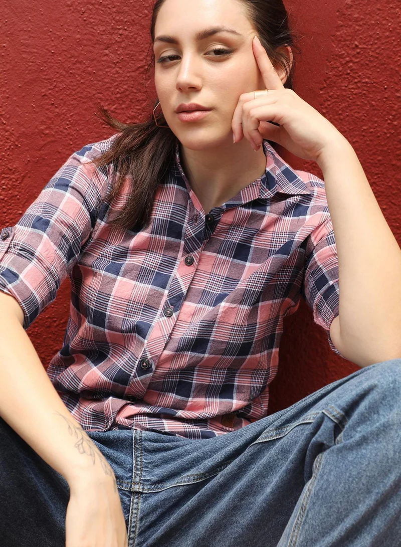 Pinacolada  Women's Baby Pink & Navy Blue Tartan Plaid Shirt for Women | Best Price UAE