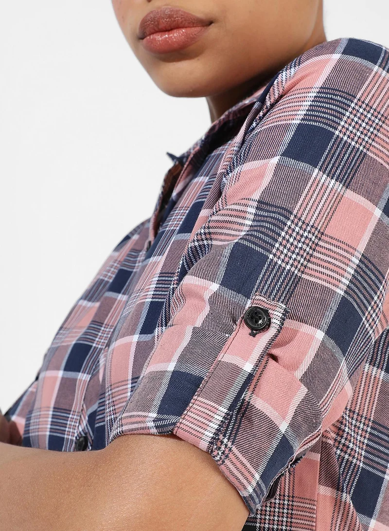 Pinacolada  Women's Baby Pink & Navy Blue Tartan Plaid Shirt for Women | Best Price UAE