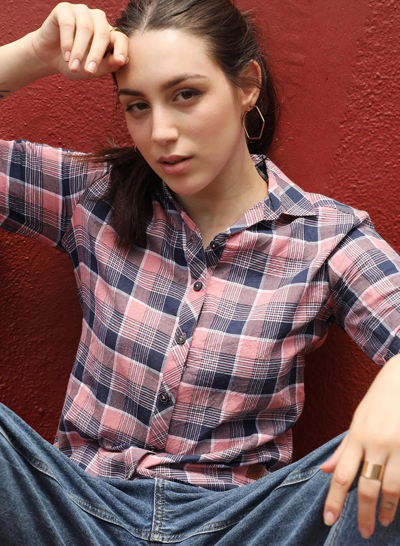 Women's Baby Pink & Navy Blue Tartan Plaid Shirt