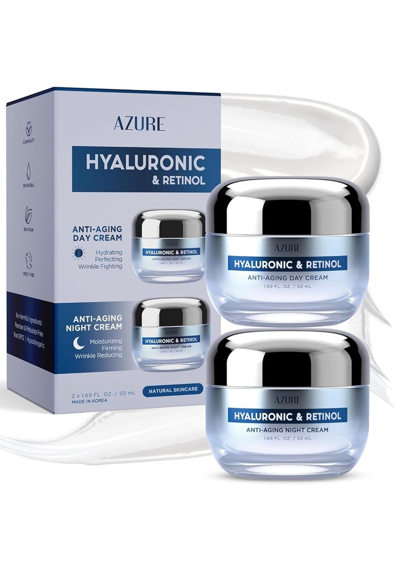 Azure Azure Cosmetics Dermatologist Tested Hyaluronic & Retinol Day & Night Face Moisturizer - K Beauty Anti-Aging Cream for Dark Spot Corrector & Wrinkle Repair, Korean Skincare - All Skin Type 1.69 fl oz 