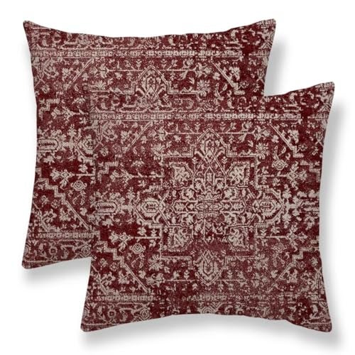 Sunshineyan Boho Pillow Covers 18x18 Set of 2, Bohemian Burgundy Carpet Pattern Decorative Throw Pillows Ethnic Rustic Farmhouse Cushion Cases Linen Gifts for Couch Sofa Outdoor Decor - Image 1